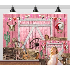10x8ft Western Cowgirl Backdrop Party Decor Pink Barn Door Cow Farm Country Rustic Wooden House Photography Background Cowgirl Birthday Party Decoration Photoshoot
