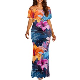 Guosanchn Hibiscus Flower Dresses for Women Off The Shoulder Maxi Dresses Casual Beach One Piece Sundresses Ladies Elegant Cocktail Dresses Summer Plus Size Outfits M