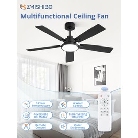 ZMISHIBO Ceiling Fans with Lights and Remote, 52 Inch Black Modern, with 24W 2400LM High Bright LED Light, Quiet Powerful DC Pure Copper Motor for Bedroom, Kitchen, Living Room