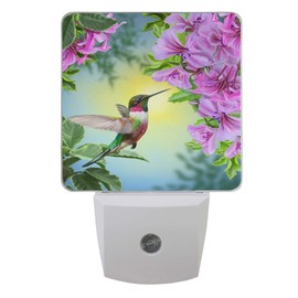 Spring Hummingbird Night Light Set of 2 Purple Flowers Bird Nightlights Summer Plug-in LED Nightlight Auto Dusk-to-Dawn Sensor Lamp for Bedroom Bathroom Kitchen Hallway Stairs
