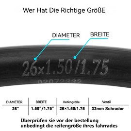 40/47-559 Inner Tube with 32 mm Schrader Valve, 26 x 1.50/1.75 Robust Bicycle Inner Tube for Road, Mountain, Rail, Cyclocross, MTB, Cruiser, Children's Bicycle, Fat Bike, Butyl Rubber Tyre Tube 26 x