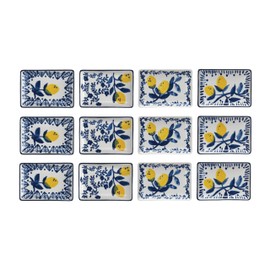 Creative Co-Op Stoneware Plate with 4 Lemon Design Styles, Blue and Yellow, Set of 12