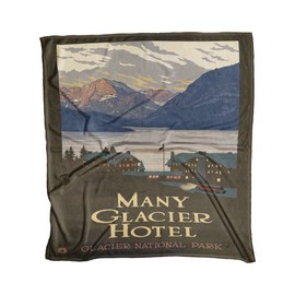 Glacier National Park Many Glacier Hotel Ultra Fleece Bed Sofa Travel Cozy Blanket from Illustration by Artist Paul A. Lanquist 50" x 60".