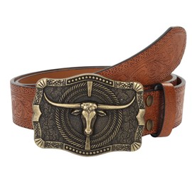OVOY Men-Women-Western-Bull-Head-Cowboy-Belt Floral Carved PU Leather Cowgirl Belt - Vintage Longhorn Waist Belt for Jeans