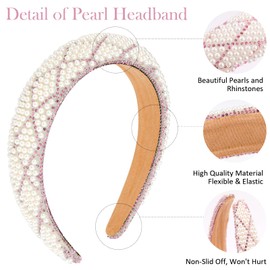 Aprince Pearl Headband Padded Beaded Headband for Women White Bridal Wedding Hair Band Bling Pink Rhinestone Headbands Pearl Accessories for Women Girls