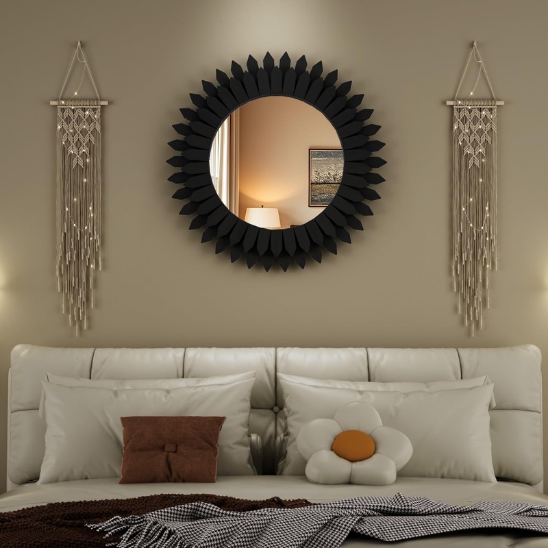VETROVUE 24 Inch Black Boho Wall Decor Sunburst Mirror -