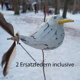 ART-CRAFT Seagull Wind Chime with Feather Propeller with 1 Decorative Seagull + 2 Replacement Feathers Wooden Animal Figure as Maritime Decoration, Balcony Decoration or Garden Decoration
