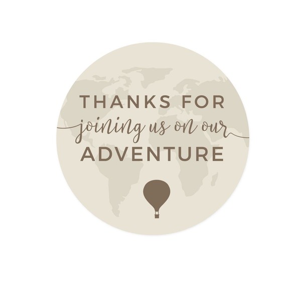 Andaz Press Hot Air Balloon World Map Party Collection, Vintage Tan Brown, Round Circle Label Stickers, Thank You for Joining Us on Our Adventure, 40-Pack