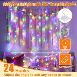SINAMER 600LED Multicolor Curtain Lights for Bedroom, 19.6ft x 9.8ft Fairy Curtain String Light with 24 Hooks, 8 Modes Hanging Lights for Wedding, Party, Backdrop, Window, Xmas Decor