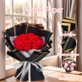 20 Sheets Waterproof Flower Wrapping Paper - Gold Edge Black Decoration Wrapping Paper, Flowers Arts and Crafts, Gift Packaging or Gift Box Packaging, Florist Bouquet Supplies, 22.8in