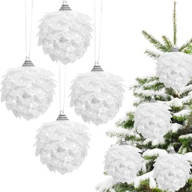 Sratte Christmas Ball Ornaments White Pinecone Hanging Ornament Artificial Christmas Tree Ornaments Glitter Christmas Flower Ornaments Faux Flowers Ornaments for Xmas Decor (4 Pieces,3.15 Inch)