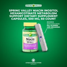 Spring Valley, Niacin 500mg Flush Free, 60 Count Capsules, Niacin Inositol Hexanicotinate Metabolism Support Dietary Supplement + 7 Day Pill Organizer Included (Pack of 1)