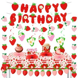 Strawberry Theme Party Decorations – happy Birthday Banner, "Sweet One" Tablecloth, Hanging Swirls, Honeycomb Centerpieces and Garland – Cute Strawberry Party Supplies for Baby First Birthday