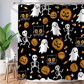 Cnayuep - Cortina de ducha de Halloween, cortinas de ducha de otoño negro para baño, esqueletos de terror de Halloween, juego de cortinas de ducha fantasma para decoración de baño, cortina de baño