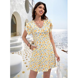 girgod Summer Floral Dresses for Women 2025 Casual A-Line Sundress with Pockets Beach Floral Short Sleeve Mini Dress Flowy Sundresses Yellow M