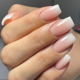Press On Nails - Gradient White Pink False Nails - Short Square Fake Nails With Glue - Natural French Tip False Nails - Full Cover Acrylic Stick On nails For Women Girls nails Art Gifts Accessories