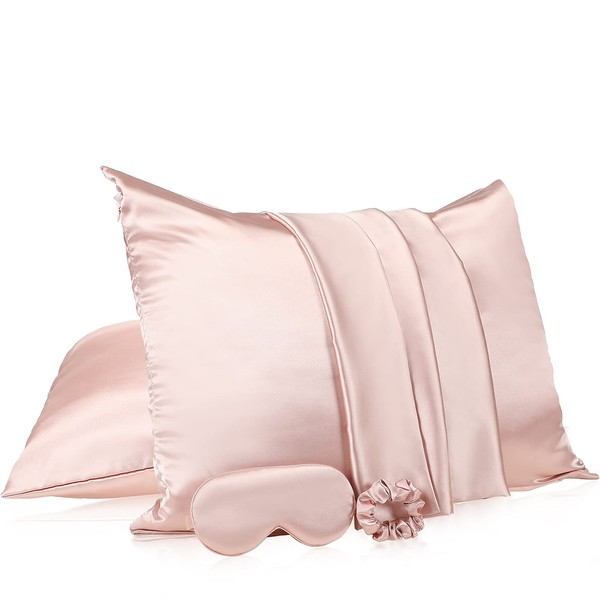 2 Pack Satin Pillowcase with Hidden Zipper, Adjustable Satin Eye Mask for Sleeping and Satin Volume Scrunchie for Hair and Skin, Standard Size (Solid Pink Series)