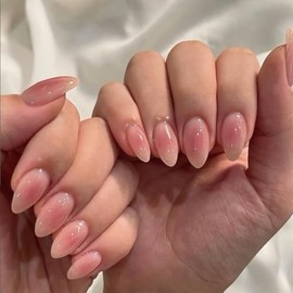 SXVME Uñas postizas ombré almendra cortas, uñas cortas de aguja rosa ruborizado para San Valentín, uñas postizas francesas con degradado natural, uñas
