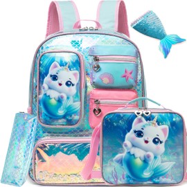 Meetbelify Cute Cat Backpack for Girls Backpack with Lunch Box Pencil Case for Elementary Student Kids School Bag for Girls Ages 6-8 Years Old