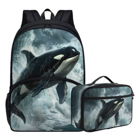 Parprinty Cute Animal Backpack Set for Girls Boys 17 Inch Stormy Sea Killer Whale Orca Backpack with Lunch Box for Kids Elementary Student Padded Back Lightweight School Bag Black Bookbag