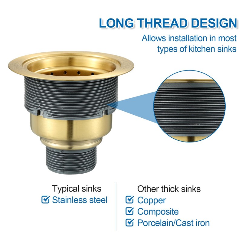 OUGOO 3-1/2-inch Gold Kitchen Sink Drain, Stainless Steel Removable Deep