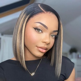 Luvme Super Natural Side Part Natural Black Glueless Lace Bob Wig 100% Human Hair|Fits All Face Shapes - Color: Blonde Highlight, Length: 12 inches