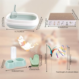 Kitten Starter Kit - 16 Pcs Cat Essentials Set Includes Litter Box, Toys, Collars, Scratch Pad, Nail File, Automatic Feed Bowls, Grooming Gloves