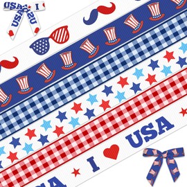 Hying 6 Rolls Patriotic Ribbon for Wrapping Gifts, Grosgrain 4th of July Ribbons for Gift Wrapping Decor DIY, 3/8" X 25 Yards Blue Red Star Independence Day Ribbon for Patriotic Decor Party Supplies