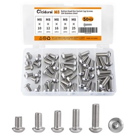 Cicidorai M8 x 10mm 12mm 16mm 20mm 25mm Button Head Socket Cap Screws Bolts, Stainless Steel 304, Metric Allen Hex Drive, Fully Threaded, Bright Finish, Assortment Kit 50PCS