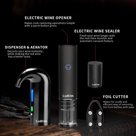 Rechageable Electric Wine Opener Gift Set | Electric Wine Aerator Dispenser, Electric Wine Corkscrew, Automatic Wine Saver Vaccum Pump, Foil Cutter | 4-in-1 Cordless Wine Bottle Opener Gift Set