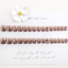 Press on Nails Short Ballet Brown Coffee Gradient False Nails Glitter Stars Love Heart Diamond Design Fake Nails Artificial Acrylic Nails Full Cover Reusable Coffin Nails Glue on Nails for Women