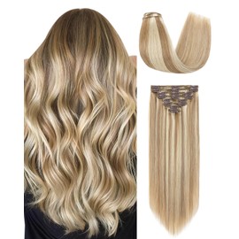 Benehair 8pcs 22inch Double Weft Thick Clip in Hair Extensions Human Hair Balayage Highlighted Golden Brown Mixed Bleach Blonde Remy Hair for Women 18 Clip ins Long Straight 160g