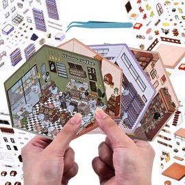 4Pcs 3D Fun Mini House Stickers with Tweezers Make Your Own Mini Coffee Shop Bookstore Restaurant Supermarket Scenes Stickers Cute Mini Room Craft Scrapbook Stickers for Relief Stress Pass The Time