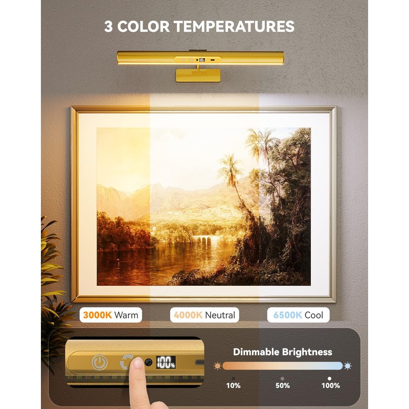 Skairipa 13" Rechargeable Picture Light for Wall with Remote, Gold