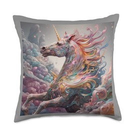 Art Nouveau Aesthetic Animals Hh River AI Artists Nouveau Floral Aesthetic Unicorn AI Art Generated Merch Throw Pillow, 18x18, Multicolor