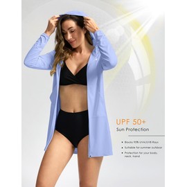 Women's UPF 50+ Swim Cover Up Sun Protection Hoodie Long Jacket SPF Lightweight Beach Cover Ups for Women(Fog Blue,M)