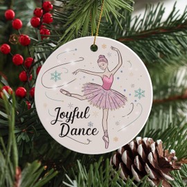 2.75" Round Ceramic Christmas Ornament, Joyful Dance Round Ceramic Ornament Featuring Miniature Ballet Dancer in Tutu with Snowflakes and Stars