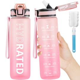 QLUR Water Bottle with Straw, 32oz Sports Motivational Water Bottle, 1L Tritan Water Bottle with Time Markings to Drink & Carry Strap, BPA Free, LeakProof for Women Men Gym Fitness Outdoor (1 Bottle)