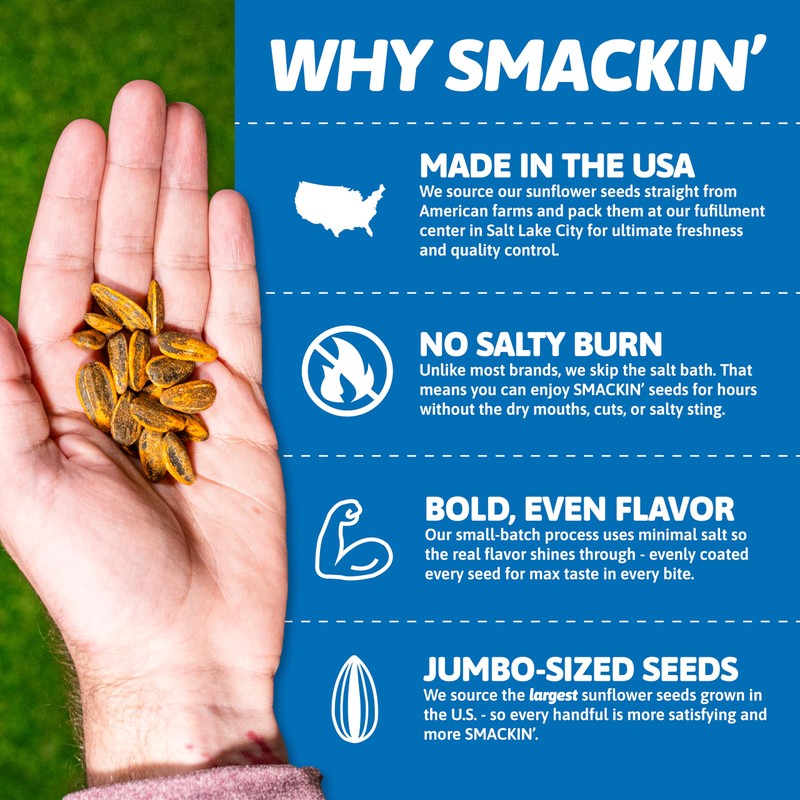 SMACKIN' - Jumbo Roasted Sunflower Seeds, No Salty Burn, American
