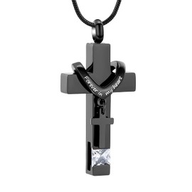 Cremation Jewelry Black Cross Urn Pendant Keepsake Memorial Necklace (Black)