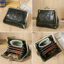 Contacts Kiss Clap Leather Purse for Women Vintage Card Holder Small Cute Change Purse, dark green, Vintage Style