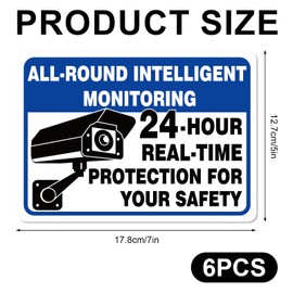 6pcs 24 Hour Video Surveillance Sign, 7x5in Waterproof Camera Monitoring Warning Sign Strong Adhesive Security Camera Recording Sticker for Home Vehicle Secure