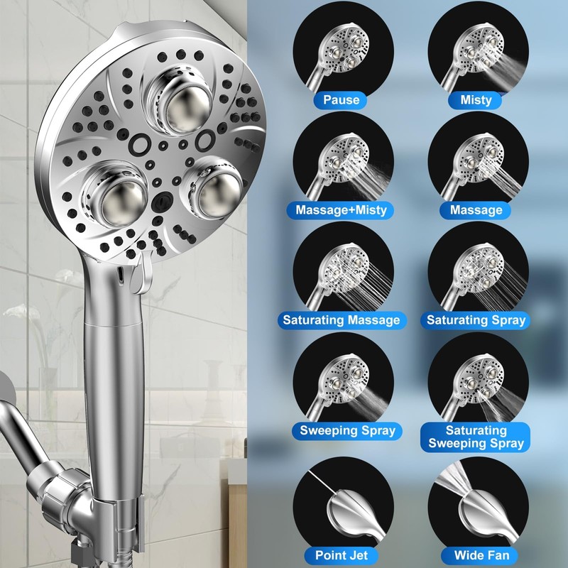 Filter Handheld Shower Head for Residual Chlorine Remove,10-Spray Modes Massage