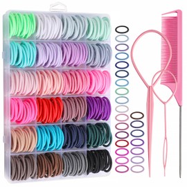 360PCS Elastic Hair Ties, Small Ponytail Holders with Clear Organizer Box, No Crease Hair Ties for Kids Girls Baby Toddle, 24 Colors Hair Ties with Hair Tail Tools, Rat Tail Comb, Kids Hair Accessory