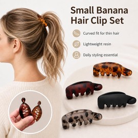 Non-slip Banana Hair Clip, Small Mini Clips for Thin Fine Hair, Shark Teeth Ponytail Holder, Lightweight Resin Claw Barrettes for Women, Buns Half Up Daily Styling (Style G)