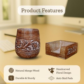 Mie Creations Set of 2 Pen Holder and Sticky Note Holder for Office Desk Organizer, Wooden Desktop Accessories Decor, Handmade Floral Rustic Pencil Stand & Post it Note Dispenser, Aesthetic Stationery