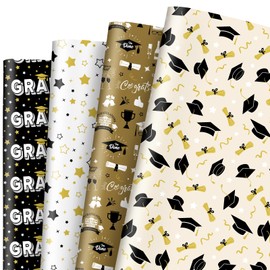 JarThenaAMCS 8 Sheets Graduation Wrapping Paper -Not Roll- Black Gold Gift Wrap Paper Folded Flat Grad Cap Star Craft Paper for Congrats Grad Party Supplies, 19.7 x 27.6 Inch