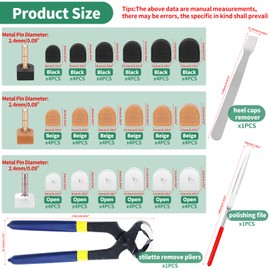 Yauhar 75Pcs Assorted Size & Color High Heel Replacement Tips with Shoe Repair Tools, 8/9/10/10.5/11/12mm U-Shape Heel Dowels Stiletto Caps Protectors for Women Heel (Clear/Black/Beige)
