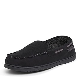 Dearfoams Men's Keaton Memory Foam Moccasin with Wide Widths Slipper, Black Microsuede, 7-8