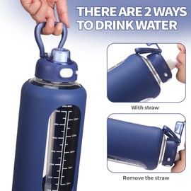 SIEROZUR 42 oz Glass Water Bottle with Straw and Handle Half Gallon Large Water Bottle with Silicone Sleeve and Time Marker Sports Water Jug Wide Mouth for Travel Gym